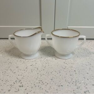 Vintage 50s FIRE KING Creamer & Sugar | 22K Gold Rim | Golden Anniversary Swirl